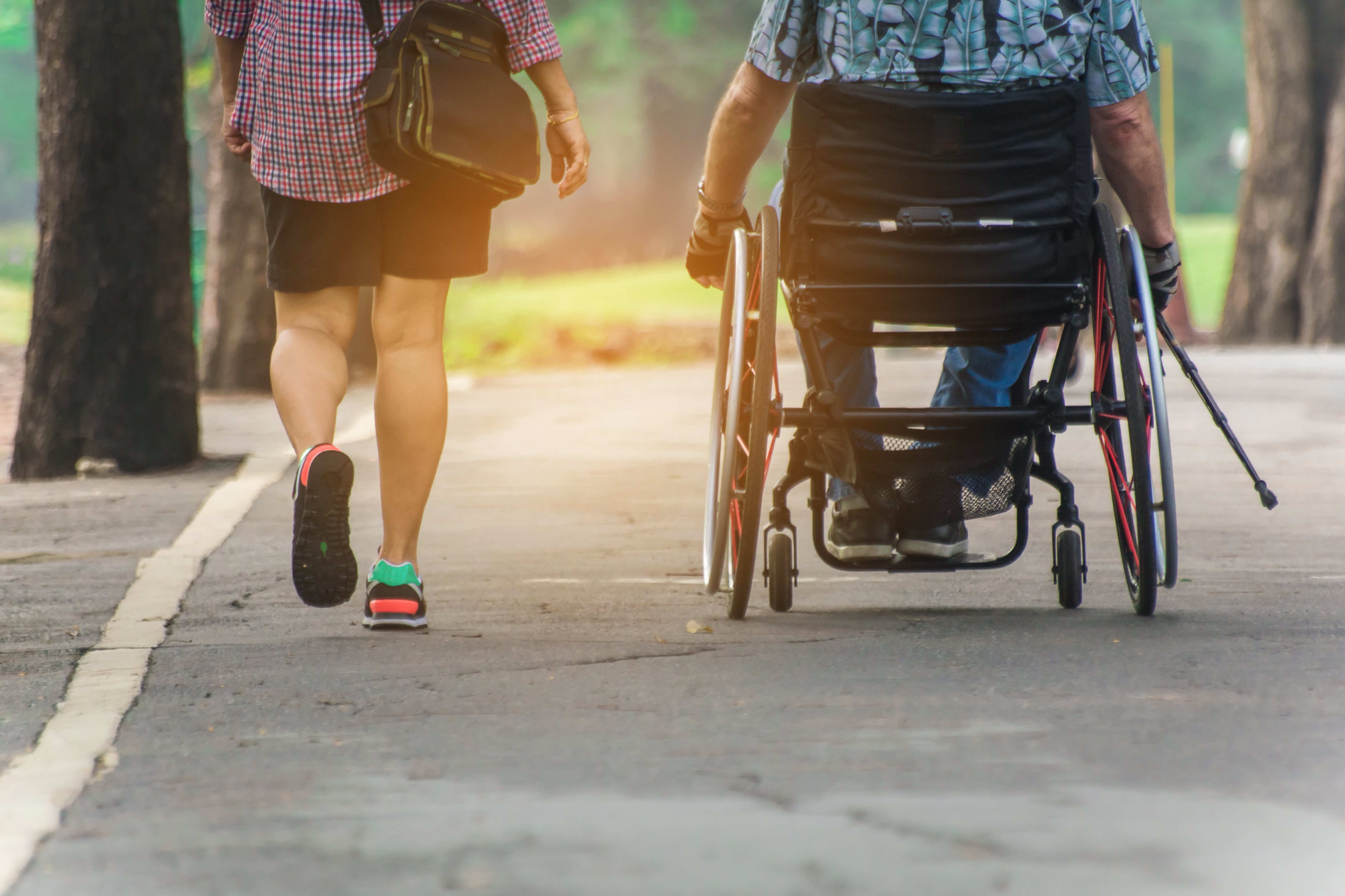 Person walking alongside wheelchair user in a park
