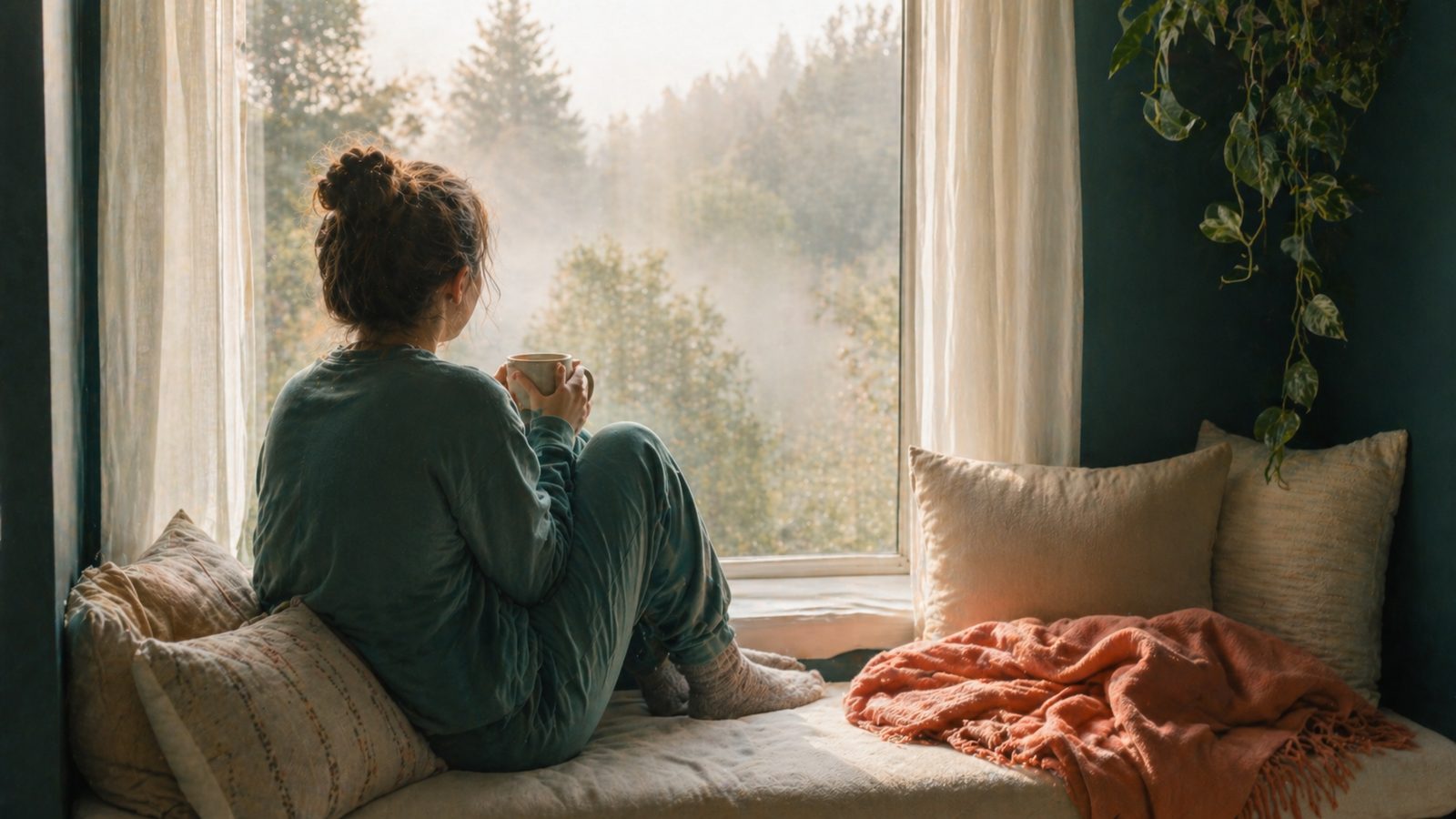 A woman in a sage green jumper sitting on a window seat holding a warm mug, looking out at morning mist
